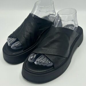 Miaou Black Leather Crisscross Platform Slide Sandals